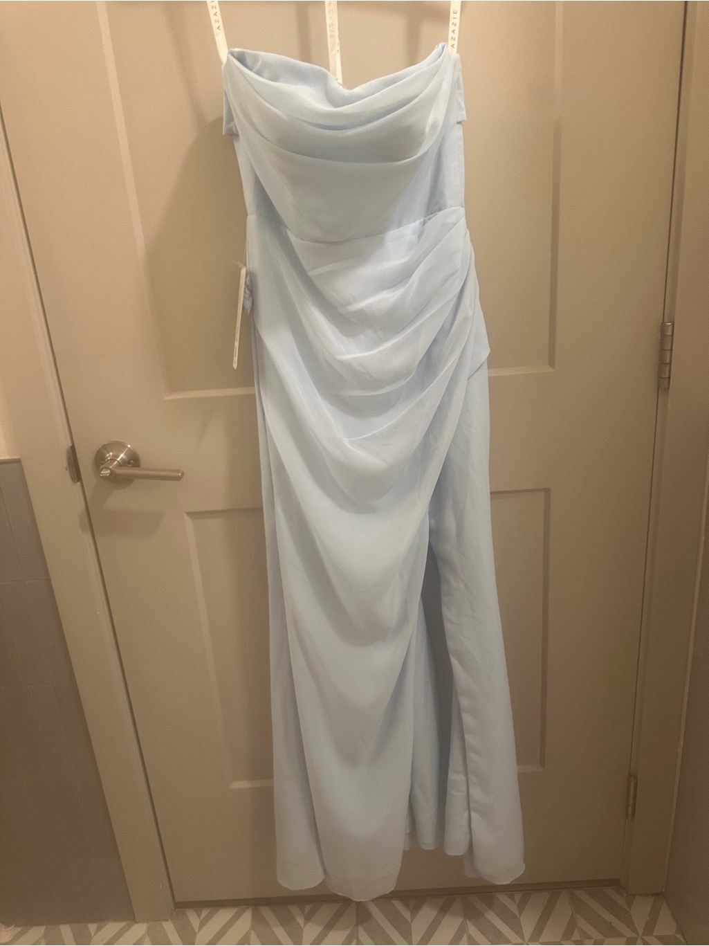 Strapless Draped Light Blue Evening Gown